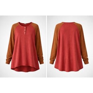 Easel Red Camel Colorblock Henley Top Long Sleeve High Low Seam Back Medium NEW